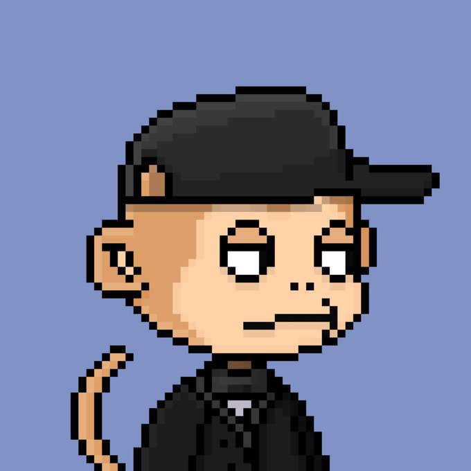 A pixel art style portrait of a boy wearing a black cap and shirt, giving a slight smirk against a solid purple background.