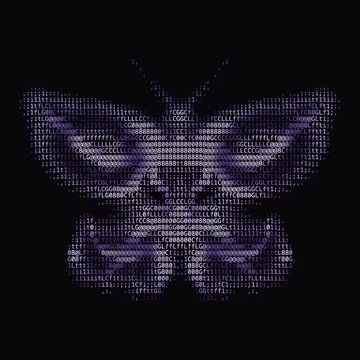 A pixelated purple butterfly artwork with shimmering, glittery wings displayed against a black background.
