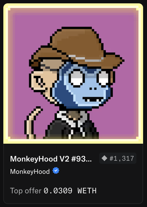 A digital NFT listing card showing a pixelated blue monkey character wearing a hat, titled 'MonkeyHood V2 #93...' from the MonkeyHood collection, with a top offer of 0.0309 WETH and a rarity rank of #1,317.
