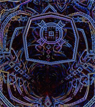 A symmetrical, kaleidoscopic digital artwork featuring intricate geometric patterns and vibrant blue, purple, and red hues with a central ornamental motif.