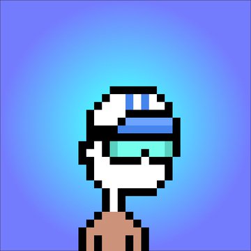A pixel art character wearing a white helmet with a blue stripe, green visor, and brown outfit against a blue gradient background.