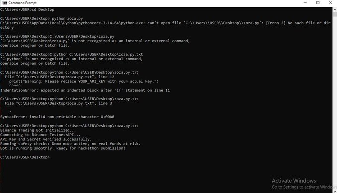A Windows Command Prompt displays multiple failed attempts to run a Python script "zoza.py" with errors like "No such file or directory" and "Invalid non-printable character U+0000," before finally successfully executing "zoza.py.txt" which outputs "Binance Trading Bot Initialized! ... Bot is running smoothly. Ready for hackathon submission!" This output reflects the hackathon submission for the Binance trading bot project (BinanceAgentOS) shared by GitHub user rakib2027.