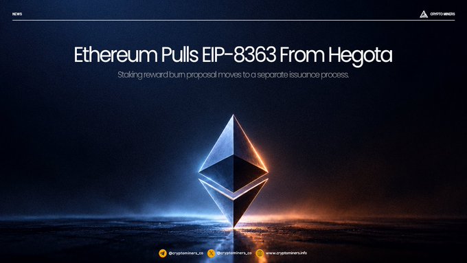 A Crypto News article header reading 'Ethereum Pulls EIP-8363 From Hegota' with the subtitle about a staking reward burn proposal.