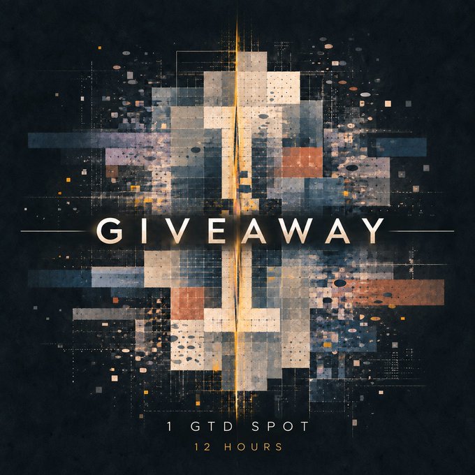 An abstract promotional graphic with the word "GIVEAWAY" centered over pixelated geometric shapes, announcing "1 GTD SPOT" and "12 HOURS" below.
