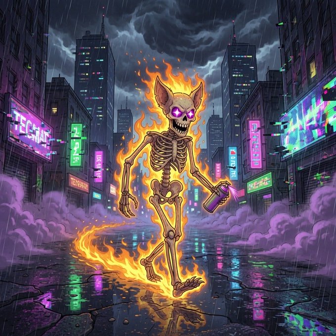 A skeletal figure with glowing purple eyes is engulfed in orange flames while holding a spray can, standing in a rainy, neon-lit cyberpunk city street with purple smoke and reflections on the wet ground.
