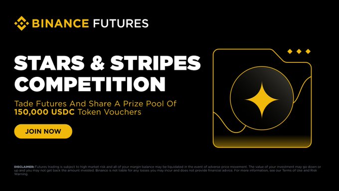 A Binance Futures promotional banner for the "Stars & Stripes Competition," inviting users to trade futures and compete for a share of 150,000 USDC in token vouchers, featuring a prominent "JOIN NOW" button that complements the post's call-to-action.