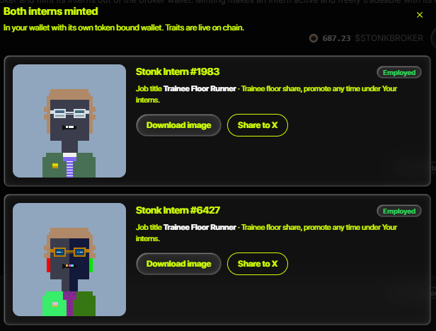 Two Stonk Intern NFTs (#1983 and #6427), both employed as "Trainee Floor Runner," are displayed with download and sharing options on the $STONKBROKER platform. The image showcases the pixel-art interns the user minted, aligning with their post about minting #NFT characters from #TheInterns.