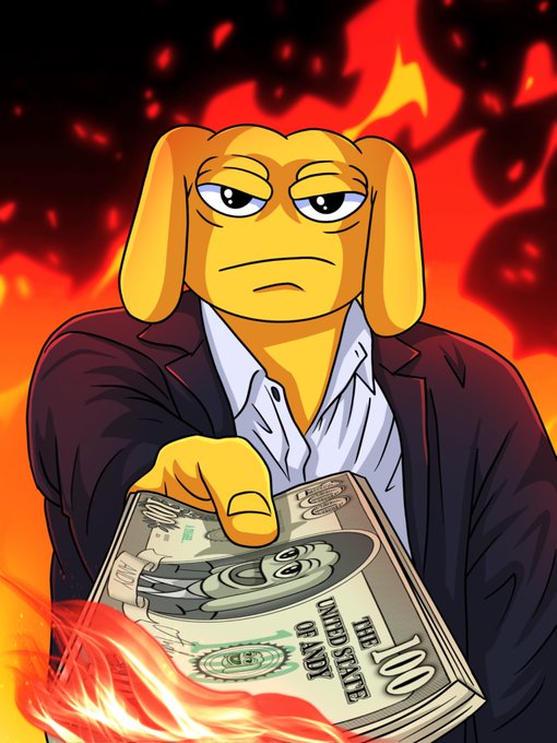 An animated yellow character wearing a suit holds up a $100 bill, with a visible "100" and "THE UNITED STATES OF LAZY" text on the currency, set against a fiery background. The image humorously reinforces the post's message about easy money by depicting the character literally picking up cash, tying into the suggested buy of ticker $ANDY.