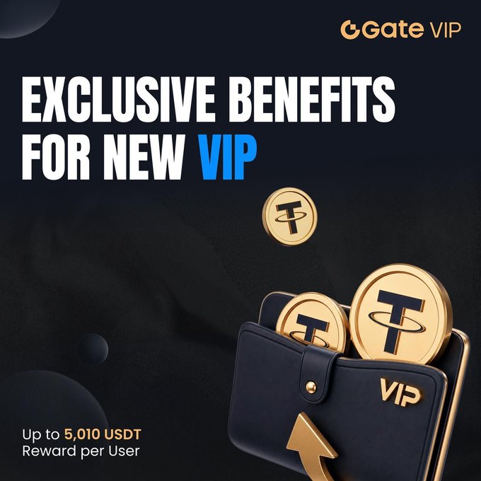 A promotional graphic for Gate VIP featuring the text "EXCLUSIVE BENEFITS FOR NEW VIP" and "Up to 5,010 USDT Reward per User," with gold Tether (USDT) coins emerging from a black wallet marked "VIP." The image visually reinforces the post by showcasing the reward pool and VIP upgrade incentive being offered to newly registered users.
