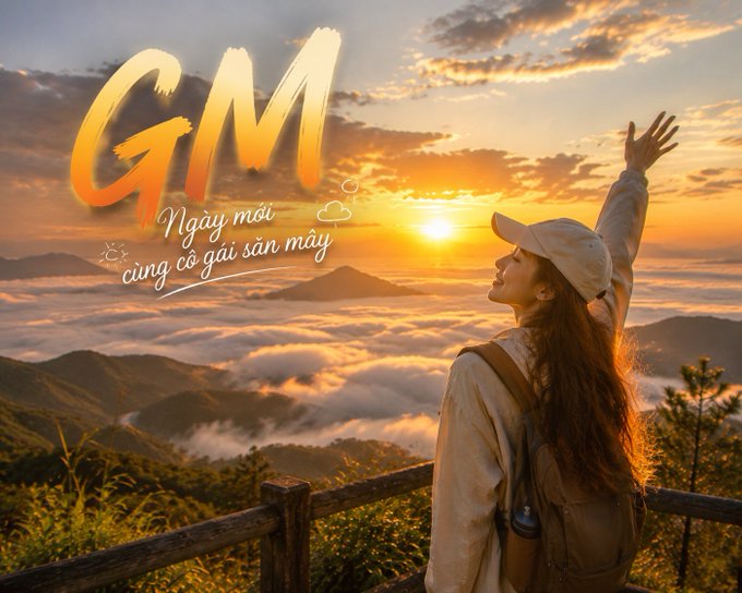 A scenic morning greeting image with a woman in a cap reaching toward the sun over a misty mountain landscape, featuring the text 'GM' and 'Ngày mới cùng cô gái săn mây' in Vietnamese.