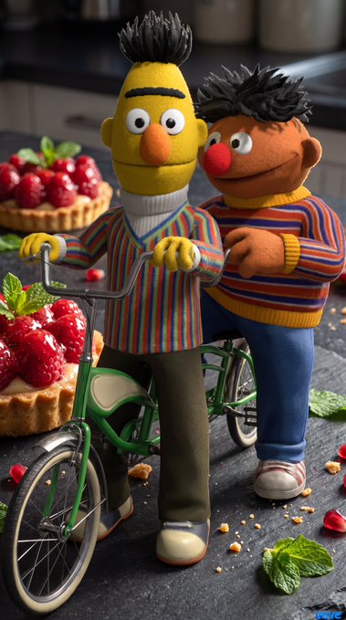 Two Sesame Street-style puppets, Bert and Ernie, are posed together with a green bicycle among raspberry tarts and scattered crumbs on a kitchen counter.