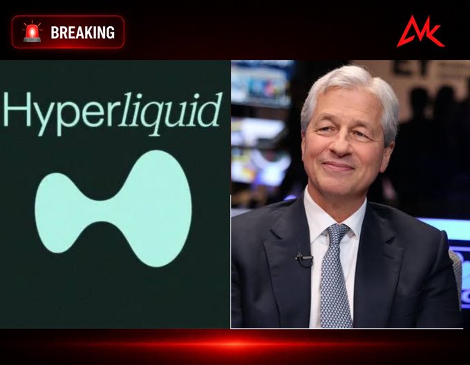 A 'BREAKING' news graphic featuring the Hyperliquid logo on the left and a photo of JPMorgan CEO Jamie Dimon smiling on the right.