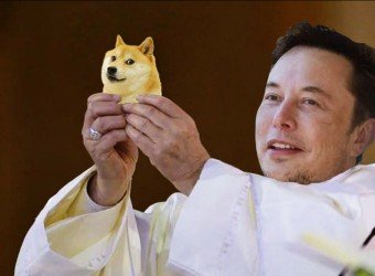 A man resembling Elon Musk holds up a Shiba Inu (Doge) plush toy, humorously symbolizing the speculative nature of meme coin investing as 63% of Robinhood meme coin traders face losses.