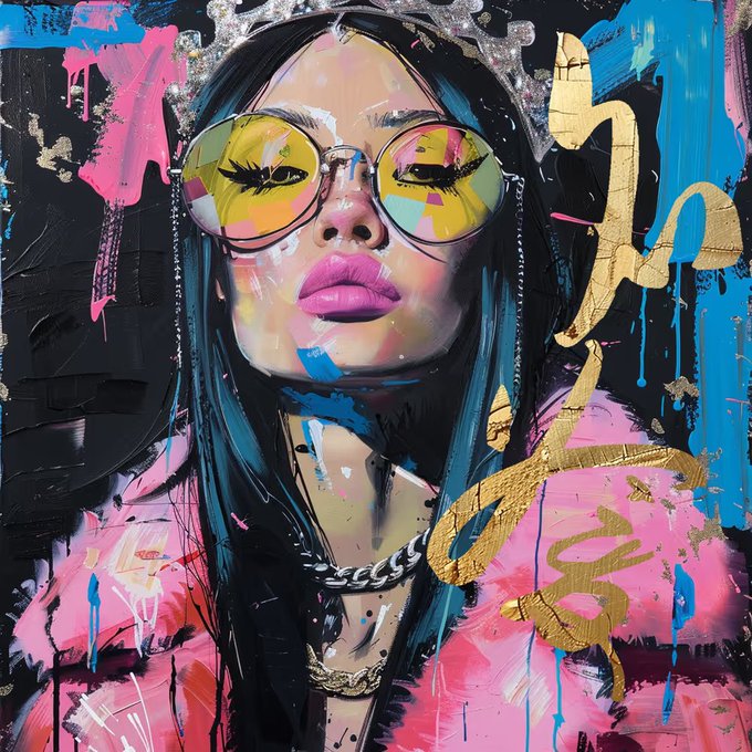 A vibrant, mixed-media style pop art painting of a woman wearing yellow-tinted sunglasses, pink lipstick, a crown, and layered chains against a colorful abstract background.