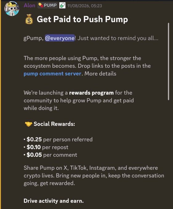 A Discord screenshot from gPump announcing a rewards program to 'Get Paid to Push Pump' with $0.25 per referral, $0.10 per repost, and $0.05 per comment.