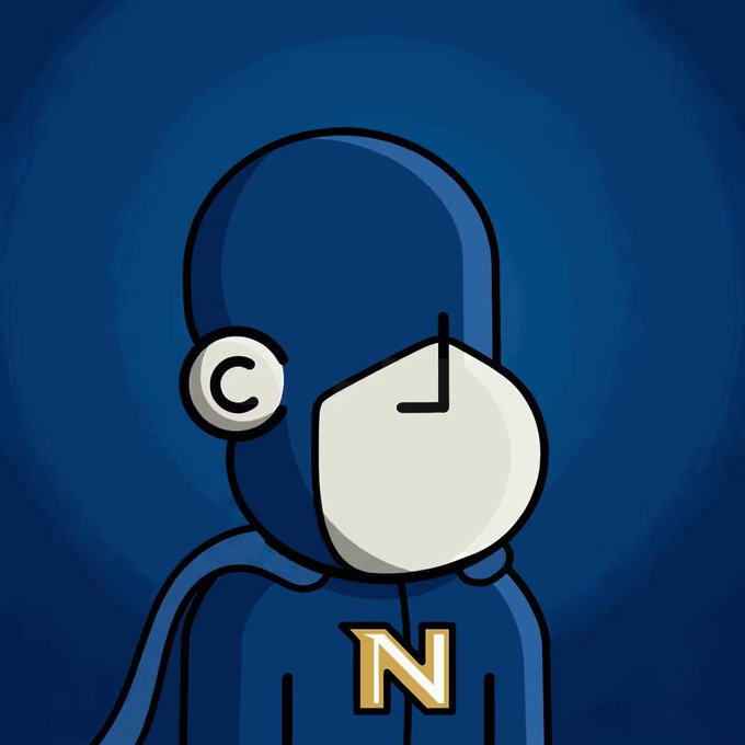 The image features a cartoon character with a blue hat, dressed as Superman, standing against a dark background of blue. The character's attire includes a blue jacket and a yellow tie, suggesting that he has an iconic, superhero appearance. The background appears to be slightly blurred, drawing attention to the main subject in the foreground while still providing context for the scene. The post features text which reads: "NPC #8285 sold for 1.40eth($2500) It feels as though something's coming". This message emphasizes a sense of anticipation or potential danger looming in the image.