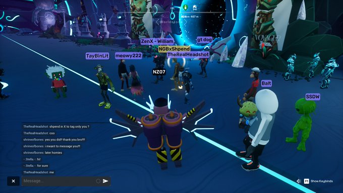 A screenshot from the virtual world Decentraland showing multiple avatars gathered together, including usernames ZenX, NGBxShpend, TheRealHeadshot, TayBinLit, and others, with a chat window visible in the bottom left.