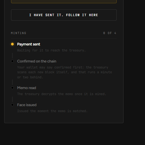 A dark-themed cryptocurrency transaction status interface showing 'Payment sent' with steps including 'Confirmed on the chain', 'Memo read', and 'Face issued' for memo encryption.