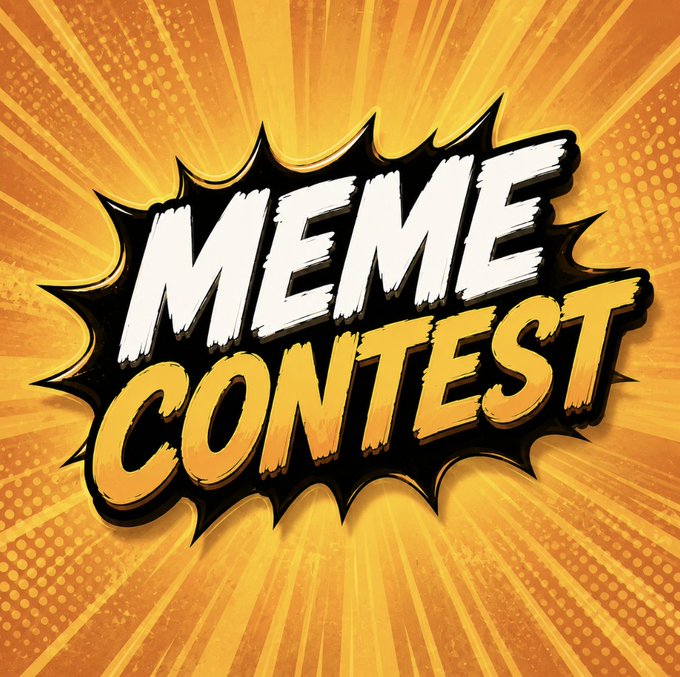 A bold comic-style graphic with the words 'MEME CONTEST' in white and orange lettering against a yellow radial burst background.