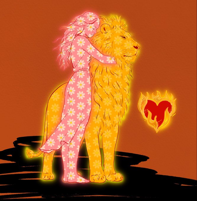 Stylized illustration of a glowing figure in a pink floral dress embracing a large golden lion, with a flaming heart emblem beside them on an orange background.