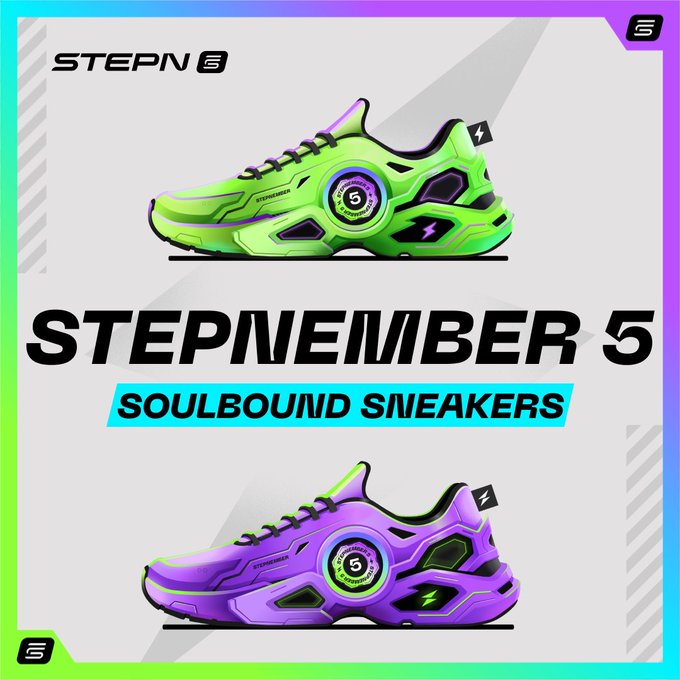 A promotional graphic for STEPN featuring two 'Stepnember 5 Soulbound Sneakers' NFT designs in vibrant green and purple colorways with the number 5 badge.