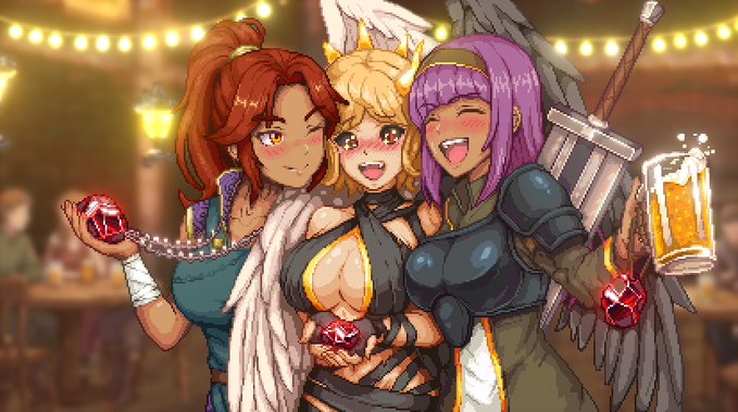 A vibrant anime-style illustration of three cheerful fantasy women posing together, each holding a large red gemstone, in a tavern setting.