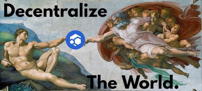 A parody of Michelangelo's 'The Creation of Adam' with the text 'Decentralize The World.' and the Fantom (FTM) logo replacing the divine touch.