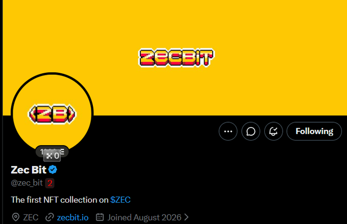 A Twitter/X profile page for 'Zec Bit' (@zec_bit) with a yellow background, pixel-art ZB branding, verified badge, and bio reading 'The first NFT collection on $ZEC', joined August 2026, with link to zecbit.io.