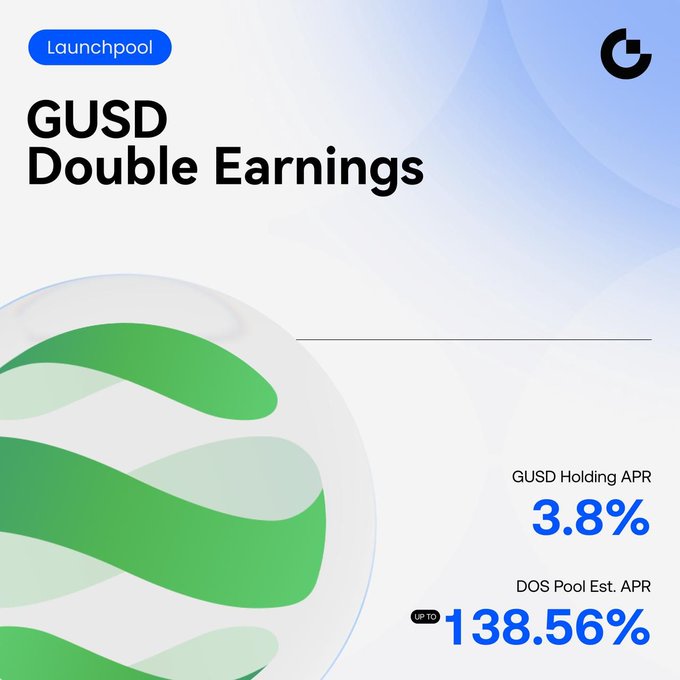 A promotional graphic for Gate Launchpool's "GUSD Double Earnings" campaign, highlighting a 3.8% APR for GUSD holding and up to 138.56% estimated APR for the DOS pool, aligning with the final staking window for $DOS rewards through staking USDT, GUSD, or DOS.