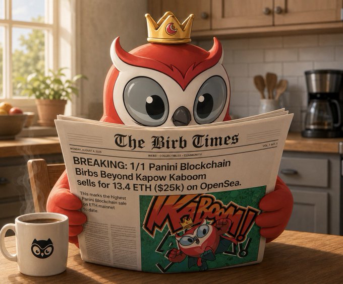 A 3D-rendered red owl character wearing a gold crown sits in a kitchen reading 'The Birb Times' newspaper, which features a headline 'BREAKING: 1/1 Panini Blockchain Birbs Beyond Kapow Kaboom sells for 13.4 ETH ($25K) on OpenSea.'