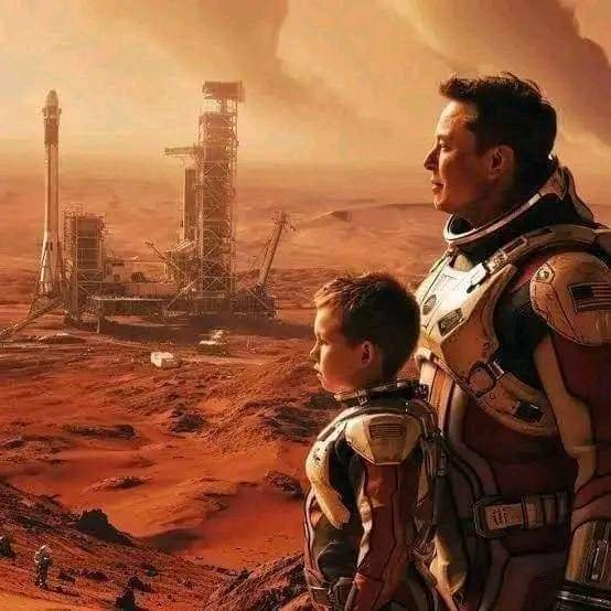 A cinematic image shows a man and a young boy in astronaut suits standing together on a red, Mars-like landscape, looking toward a futuristic rocket launch facility in the background.