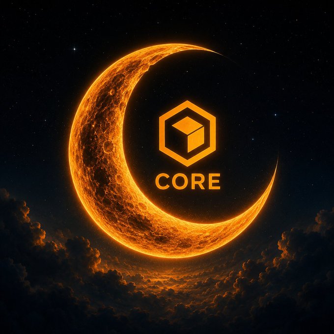 A digital artwork featuring a glowing golden crescent moon and the orange hexagonal "CORE" cryptocurrency logo set against a dark, starry sky with clouds.