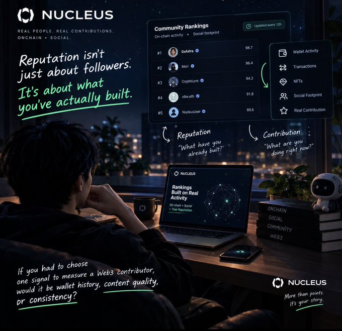 A promotional graphic for NUCLEUS emphasizing 'REAL PEOPLE. REAL CONTRIBUTIONS. ONCHAIN + SOCIAL,' featuring Community Rankings with metrics for Reputation and Contribution, and a person viewing the rankings on a laptop with a night cityscape visible through the window.