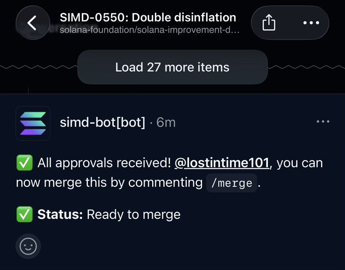 A GitHub notification shows SIMD-0550: Double disinflation from solana-foundation has received all approvals from simd-bot, marking it as "Ready to merge" and authorizing @lostintime101 to merge by commenting /merge, representing the official Solana inflation reduction proposal finally moving forward.