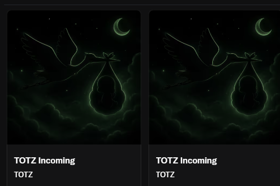 Two identical dark fantasy illustrations side by side, each showing a stork carrying a bundle under a crescent moon, with text 'TOTZ Incoming' and 'TOTZ' below each.
