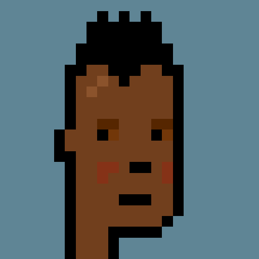 A pixel-art style portrait of a person's face with brown skin, a nose, mouth, and reddish cheeks against a solid blue background.