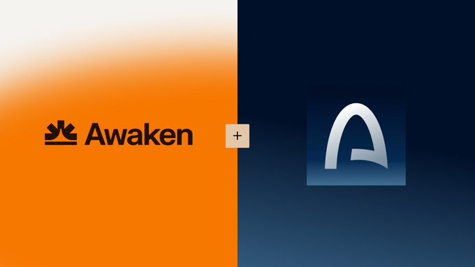 A split-screen graphic showing the 'Awaken' logo on an orange background alongside the Arc (ARC) logo on a dark blue background, separated by a plus sign.
