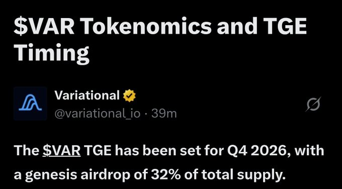 A social media post from Variational (@variational_io) announcing that the $VAR TGE has been set for Q4 2026 with a genesis airdrop of 32% of total supply.
