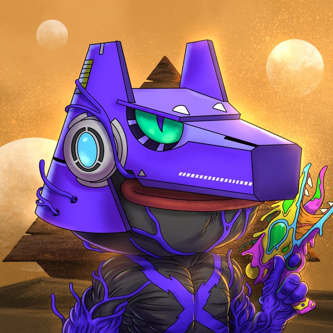 A vibrant digital illustration of a purple robotic wolf or dog character with glowing green eyes, mechanical details, and purple vine-like tendrils, set against an orange sunset with multiple celestial bodies and pyramids in the background.