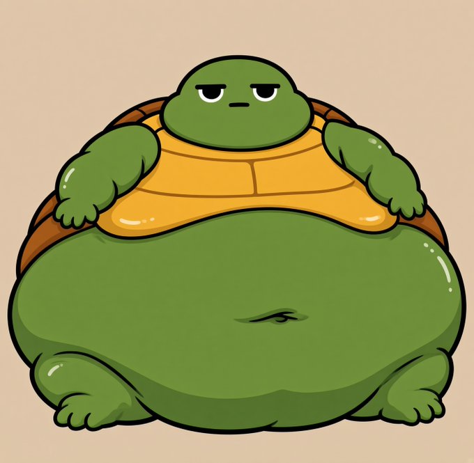 An illustration of a large, round green turtle with a yellow and brown shell, looking bored or unimpressed.