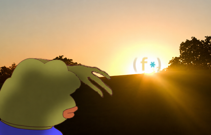 An animated cartoon figure with green skin watching a sunset, with a censored word shown as '(f*)' near the sun.