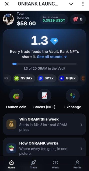 A mobile app screenshot of 'ONRANK LAUNCH' showing a total balance of $58.60, 1.3 GRAM points in the Vault, and options for Launch coin, Stocks (NFT), and Exchange.