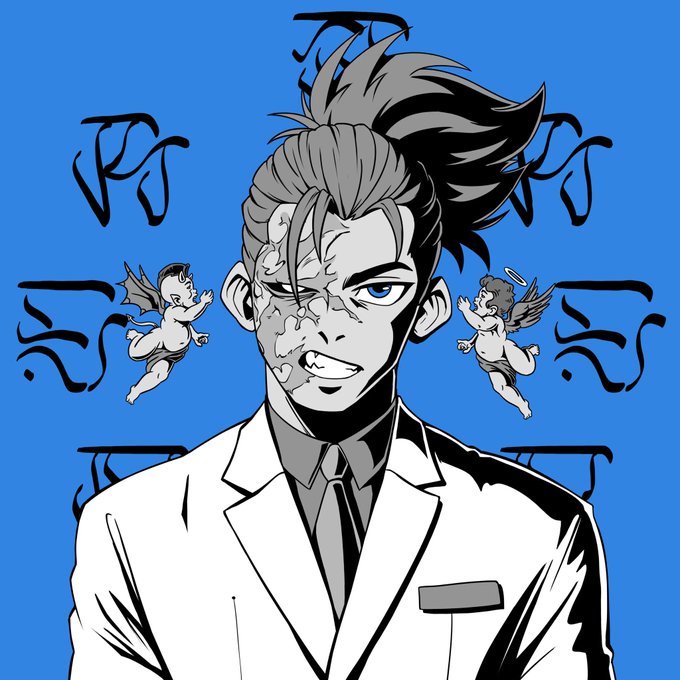 An anime-style illustration of a man with a high ponytail and cracked, scarred skin on his face, wearing a white suit jacket, flanked by two cherub figures against a blue background with black symbols.