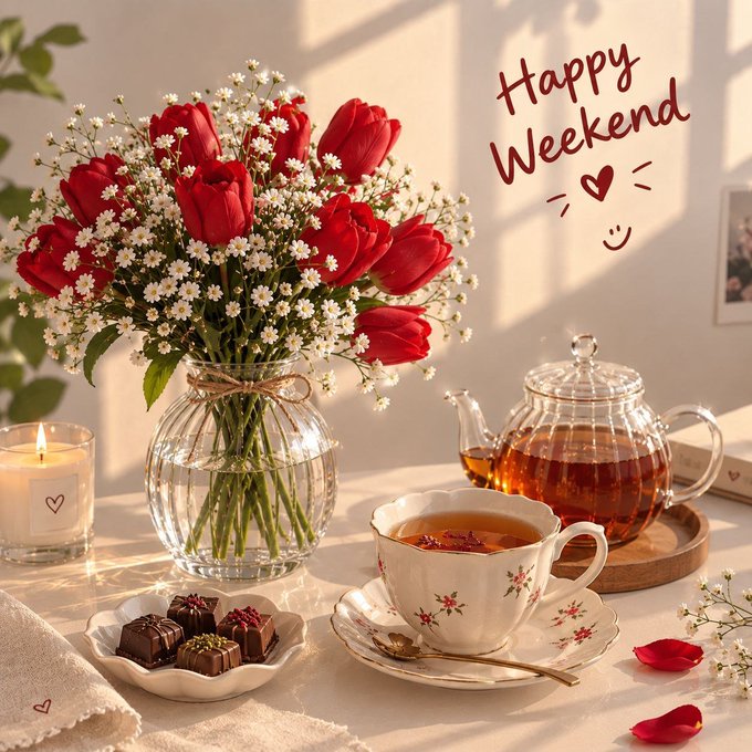 A cozy scene features red tulips in a vase, a teapot with tea, chocolates, and a candle, with the handwritten text 'Happy Weekend' and a smiley face.