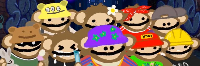 A group of crudely drawn, monkey-like puppet characters wearing colorful hats—including a yellow Minion cap, hard hat, and baseball cap with Japanese text reading "わたる" (wataru)—gather together in front of graffiti-covered walls, matching the playful, chaotic style of the "BITCOIN PUPPETS" felt.cash NFT collection.