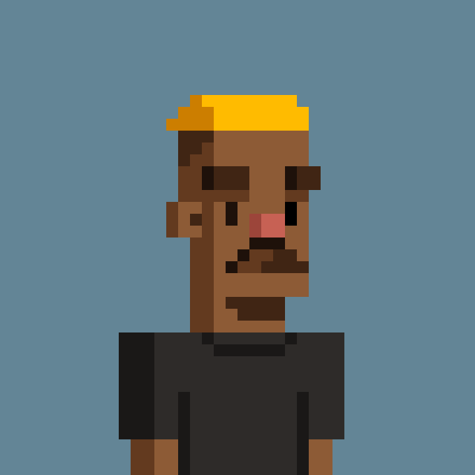 A pixel art portrait of a man with brown skin, yellow-blond hair, and a black shirt set against a solid blue background.