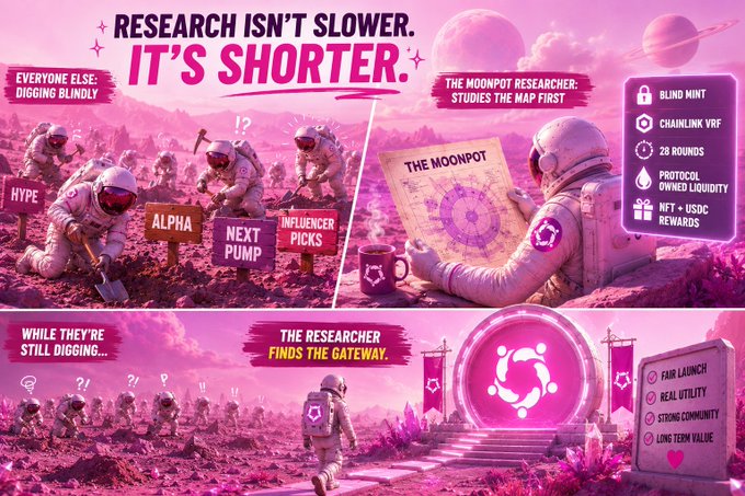 A pink-toned promotional graphic contrasts 'EVERYONE ELSE DIGGING BLINDLY' with 'THE MOONPOT RESEARCHER' studying a map, highlighting features like 'BLIND MINT', 'CHAINLINK VRF', and '28 ROUNDS'.