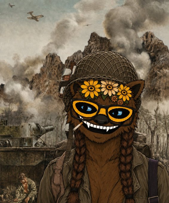 An illustrated anthropomorphic creature with a flower crown, yellow sunglasses, and braided hair wearing a military helmet and uniform, set against a WWII battlefield with tanks and aircraft.