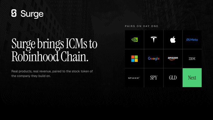Promotional graphic for Surge, announcing 'Surge brings ICMs to Robinhood Chain' with a grid of company logos including NVIDIA, Tesla, Apple, Meta, Microsoft, Google, Amazon, IBM, SPACEX, SPY, GLD, and Next.