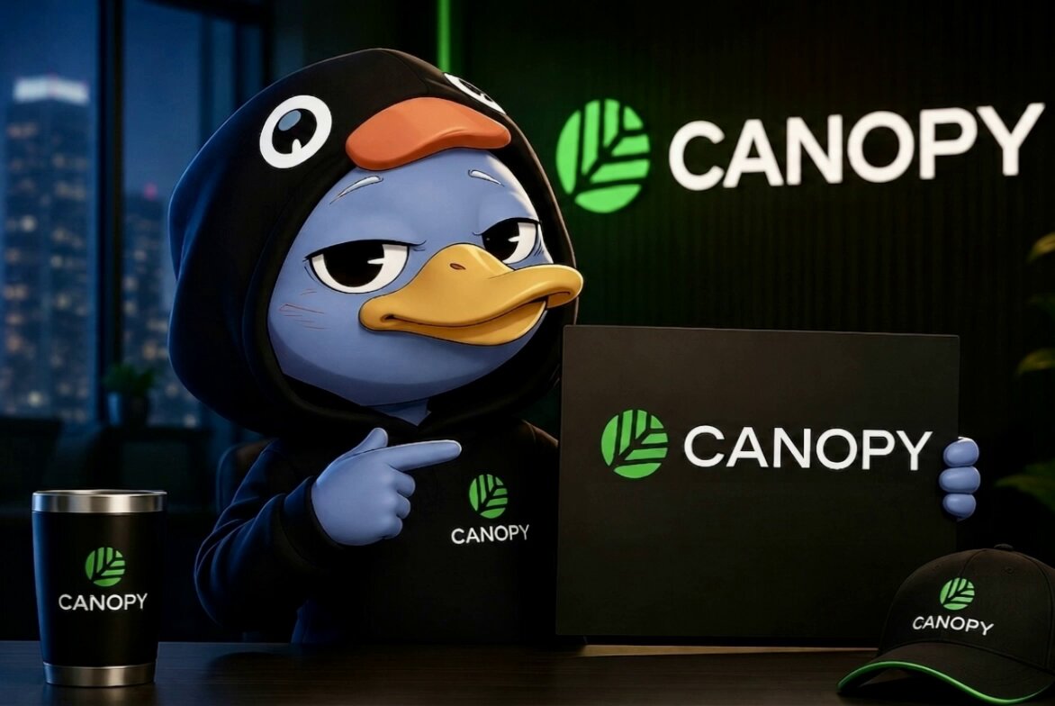 The image features a cartoon duck wearing a hoodie, holding up a sign that says "Canopy" above its head. The duck appears to be pointing at something or someone, possibly indicating an event or gathering related to the "Canopy" campaign on social media platforms.